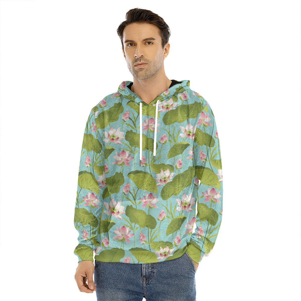 Pink Lotus Pattern Print Men's Velvet Pullover Hoodie