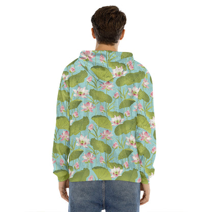 Pink Lotus Pattern Print Men's Velvet Pullover Hoodie