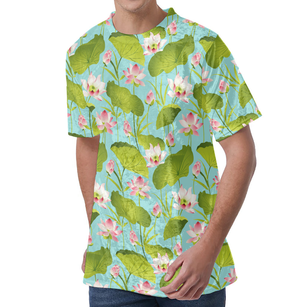 Pink Lotus Pattern Print Men's Velvet T-Shirt