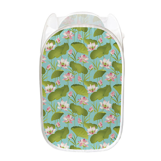 Pink Lotus Pattern Print Mesh Laundry Hamper