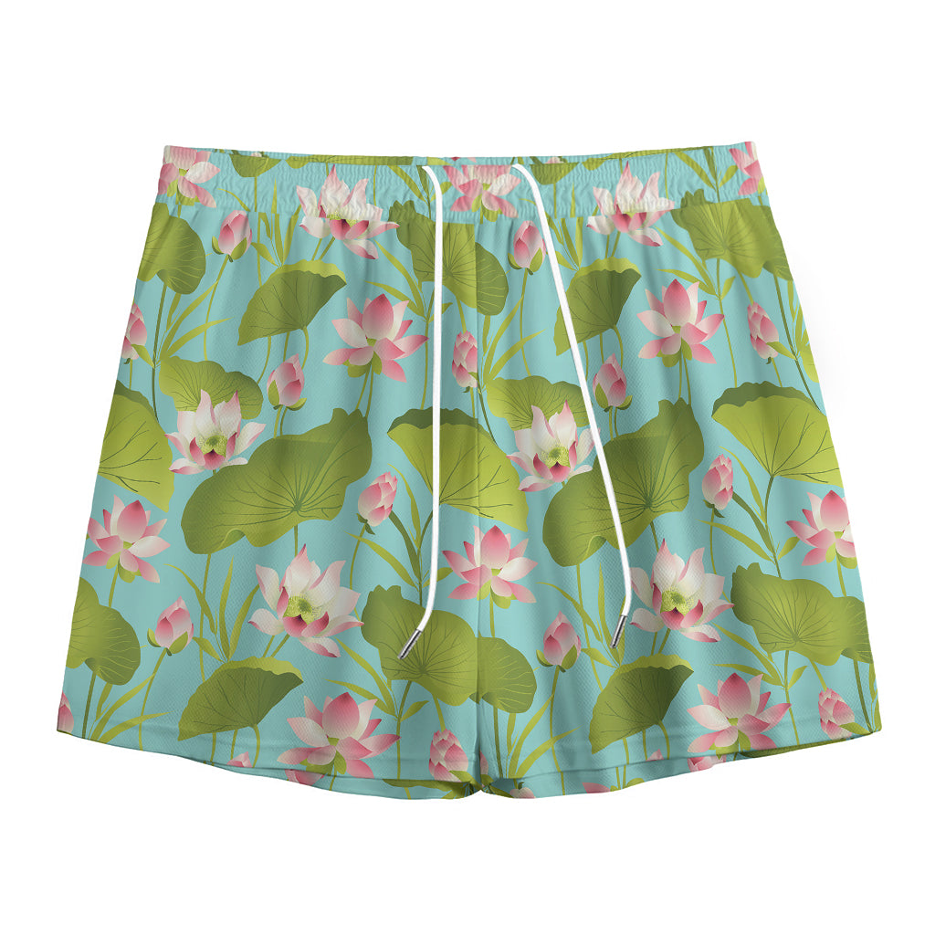 Pink Lotus Pattern Print Mesh Shorts