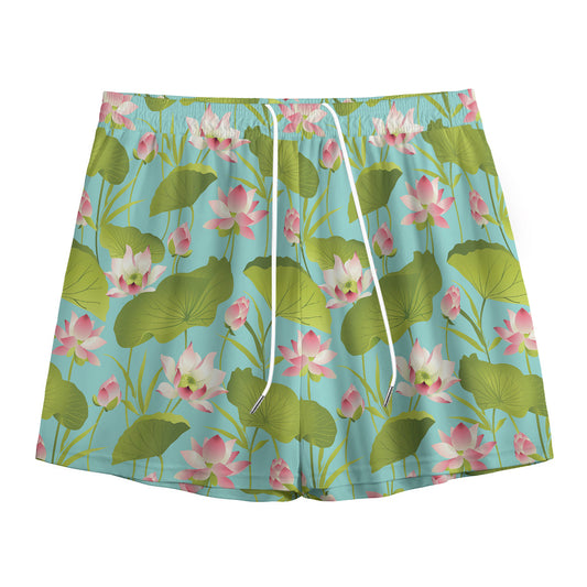 Pink Lotus Pattern Print Mesh Shorts