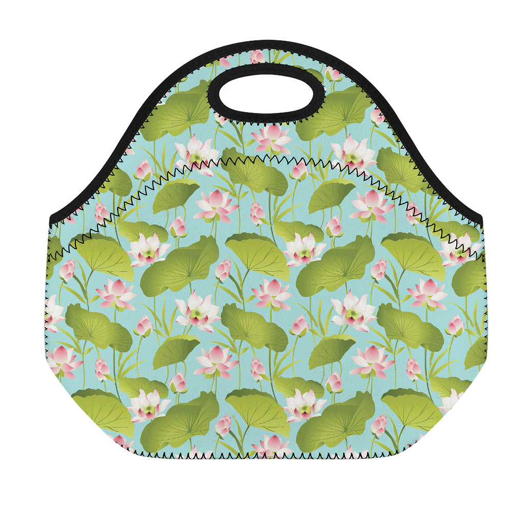 Pink Lotus Pattern Print Neoprene Lunch Bag