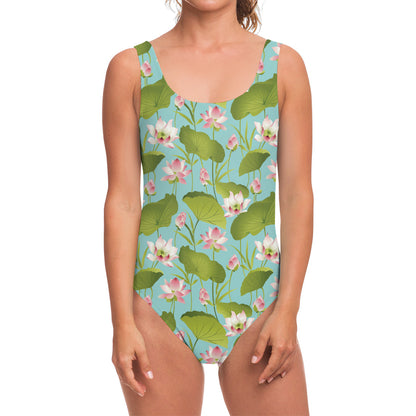 Pink Lotus Pattern Print One Piece Swimsuit