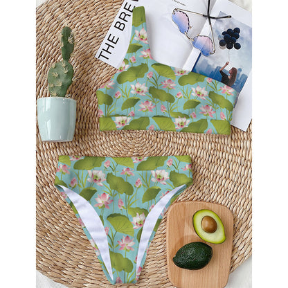 Pink Lotus Pattern Print One Shoulder Bikini Top