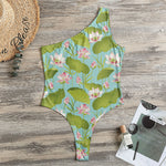 Pink Lotus Pattern Print One Shoulder Bodysuit