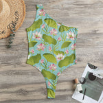 Pink Lotus Pattern Print One Shoulder Bodysuit