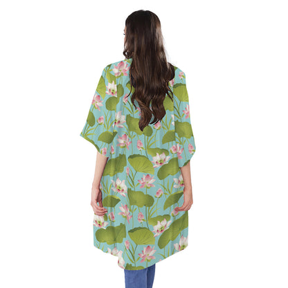 Pink Lotus Pattern Print Open Front Beach Cover Up