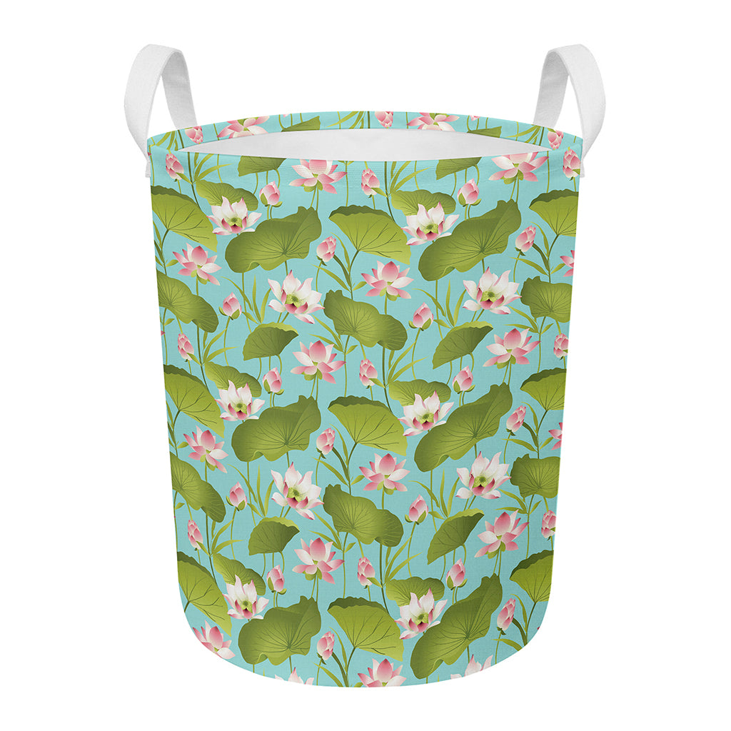 Pink Lotus Pattern Print Round Laundry Basket