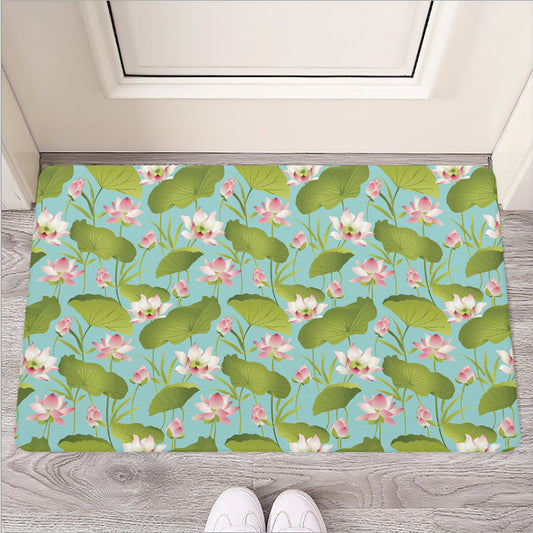 Pink Lotus Pattern Print Rubber Doormat