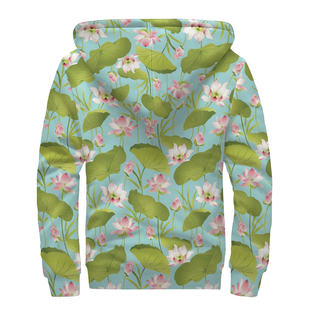 Pink Lotus Pattern Print Sherpa Lined Zip Up Hoodie