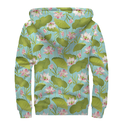 Pink Lotus Pattern Print Sherpa Lined Zip Up Hoodie