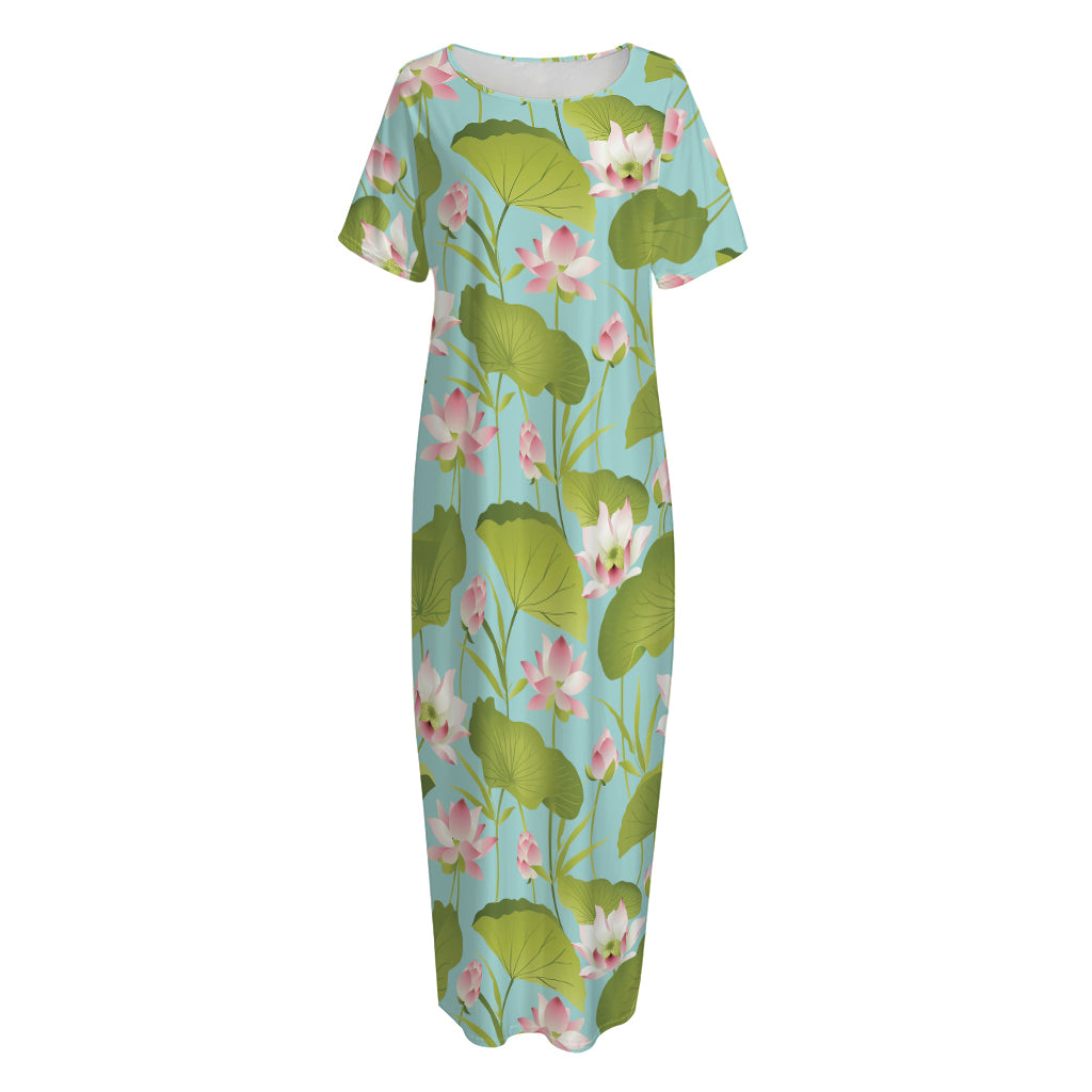 Pink Lotus Pattern Print Short Sleeve Long Nightdress