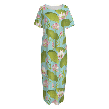 Pink Lotus Pattern Print Short Sleeve Long Nightdress