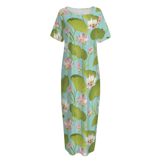 Pink Lotus Pattern Print Short Sleeve Long Nightdress