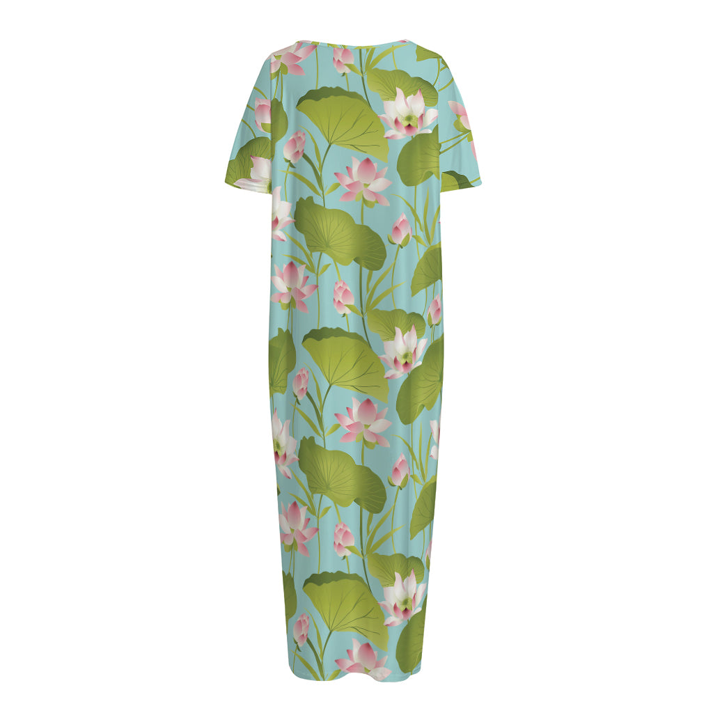Pink Lotus Pattern Print Short Sleeve Long Nightdress