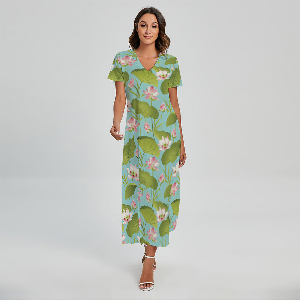 Pink Lotus Pattern Print Short Sleeve Maxi Dress