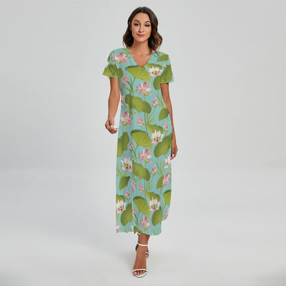Pink Lotus Pattern Print Short Sleeve Maxi Dress