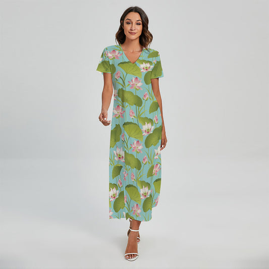 Pink Lotus Pattern Print Short Sleeve Maxi Dress