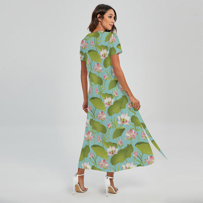 Pink Lotus Pattern Print Short Sleeve Maxi Dress