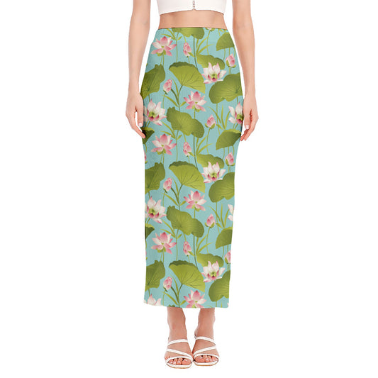 Pink Lotus Pattern Print Side Slit Maxi Skirt