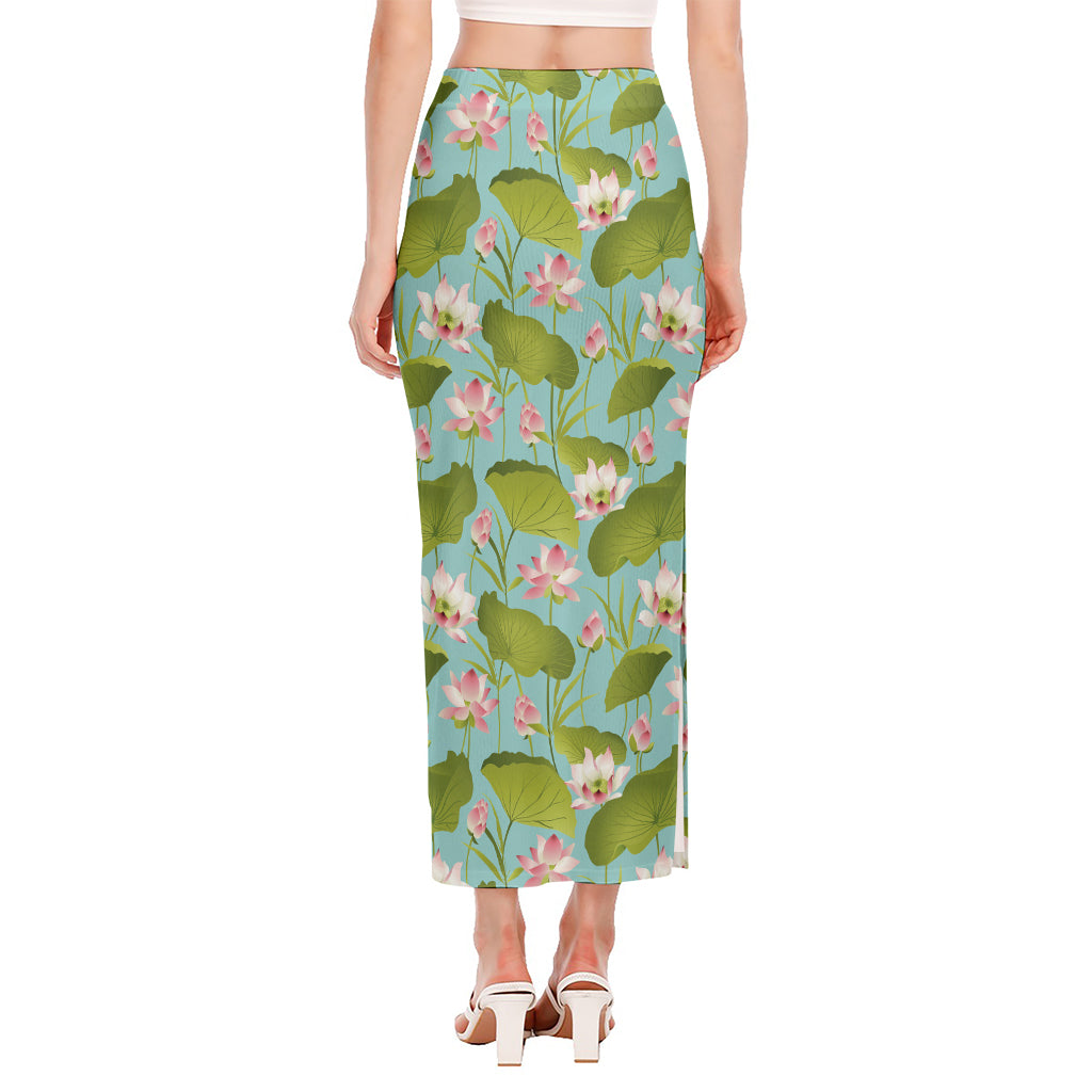Pink Lotus Pattern Print Side Slit Maxi Skirt