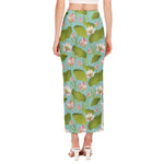 Pink Lotus Pattern Print Side Slit Maxi Skirt
