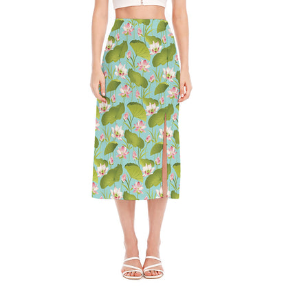 Pink Lotus Pattern Print Side Slit Midi Skirt