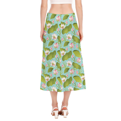 Pink Lotus Pattern Print Side Slit Midi Skirt
