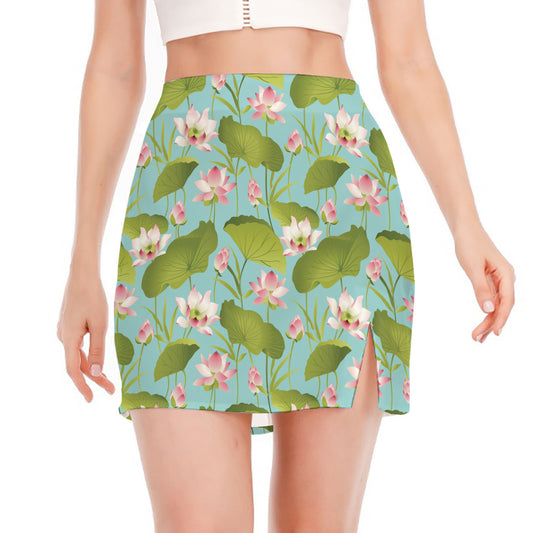 Pink Lotus Pattern Print Side Slit Mini Skirt