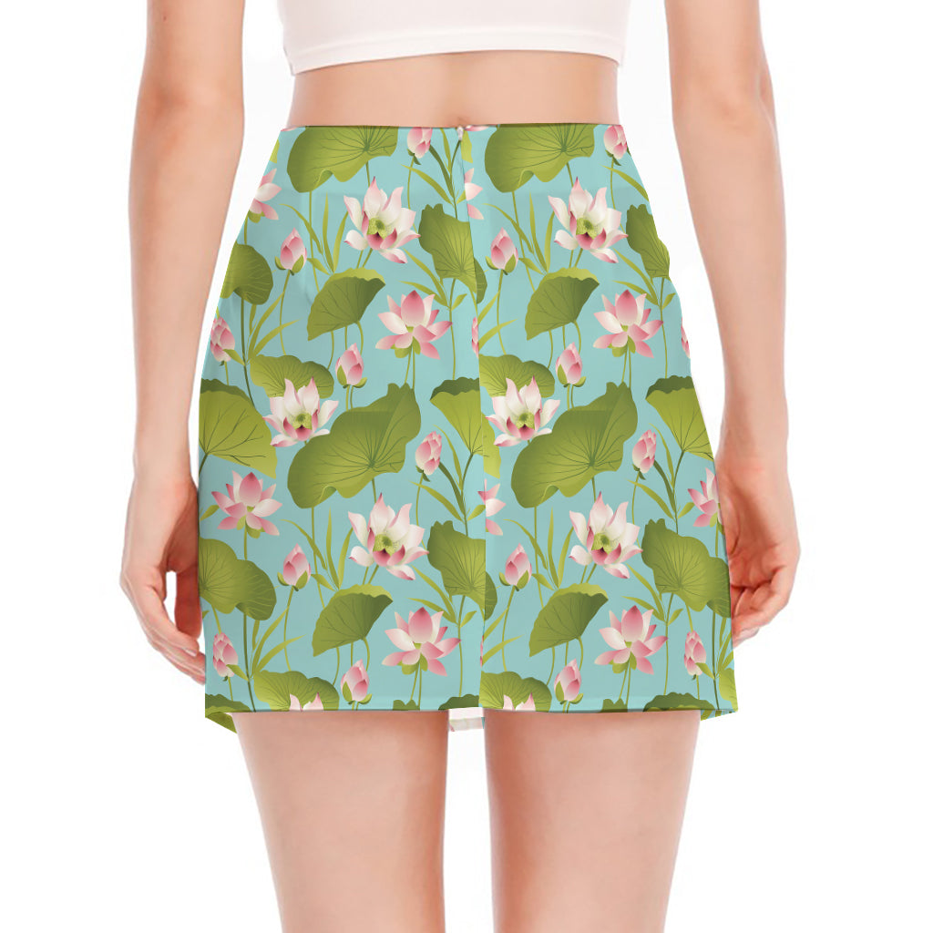 Pink Lotus Pattern Print Side Slit Mini Skirt