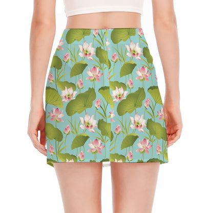 Pink Lotus Pattern Print Side Slit Mini Skirt