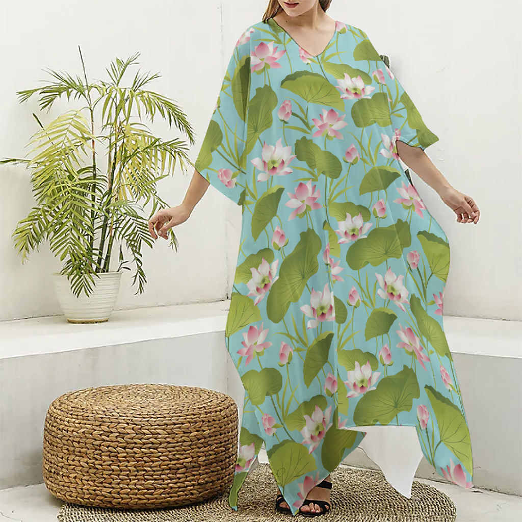 Pink Lotus Pattern Print Silk V-Neck Kaftan Dress
