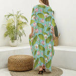 Pink Lotus Pattern Print Silk V-Neck Kaftan Dress