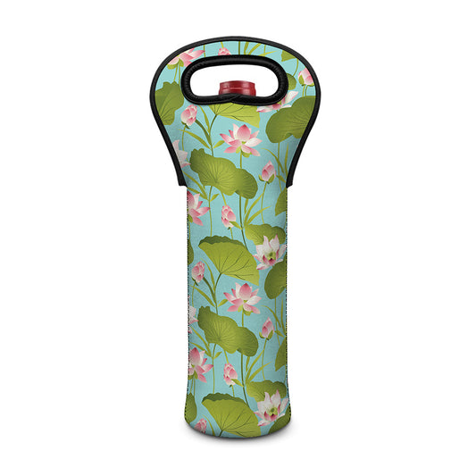 Pink Lotus Pattern Print Single Neoprene Wine Tote