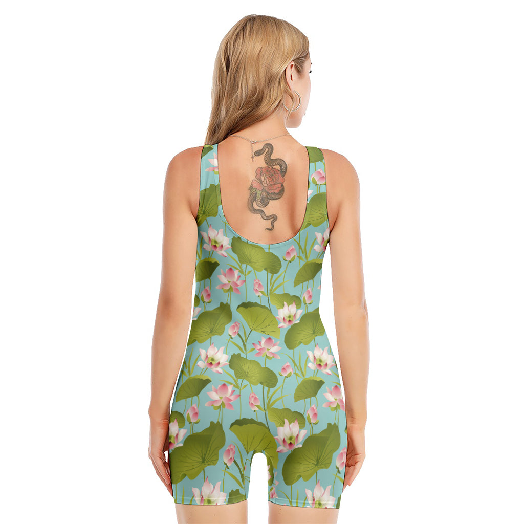 Pink Lotus Pattern Print Sleeveless One Piece Swimsuit