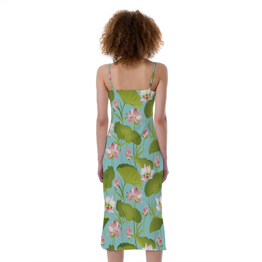 Pink Lotus Pattern Print Slim Fit Midi Cami Dress
