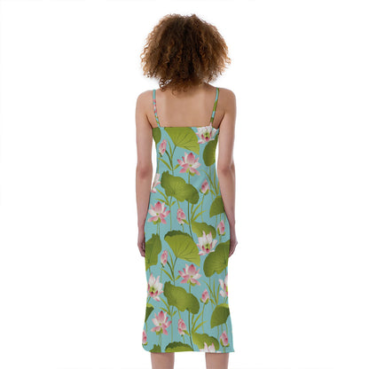 Pink Lotus Pattern Print Slim Fit Midi Cami Dress