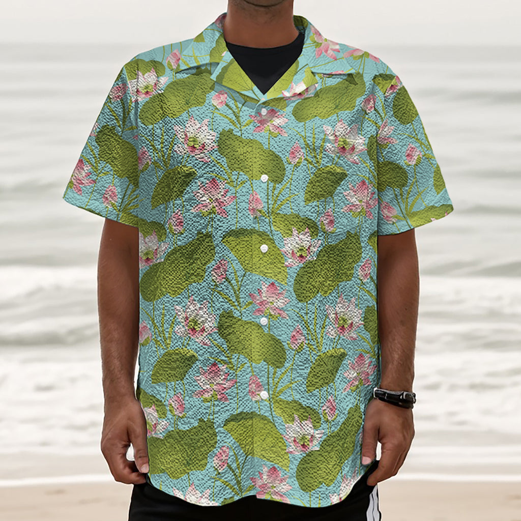 Pink Lotus Pattern Print Textured Short Sleeve Shirt