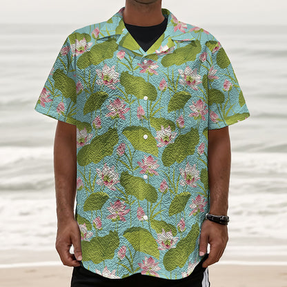 Pink Lotus Pattern Print Textured Short Sleeve Shirt