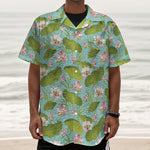 Pink Lotus Pattern Print Textured Short Sleeve Shirt