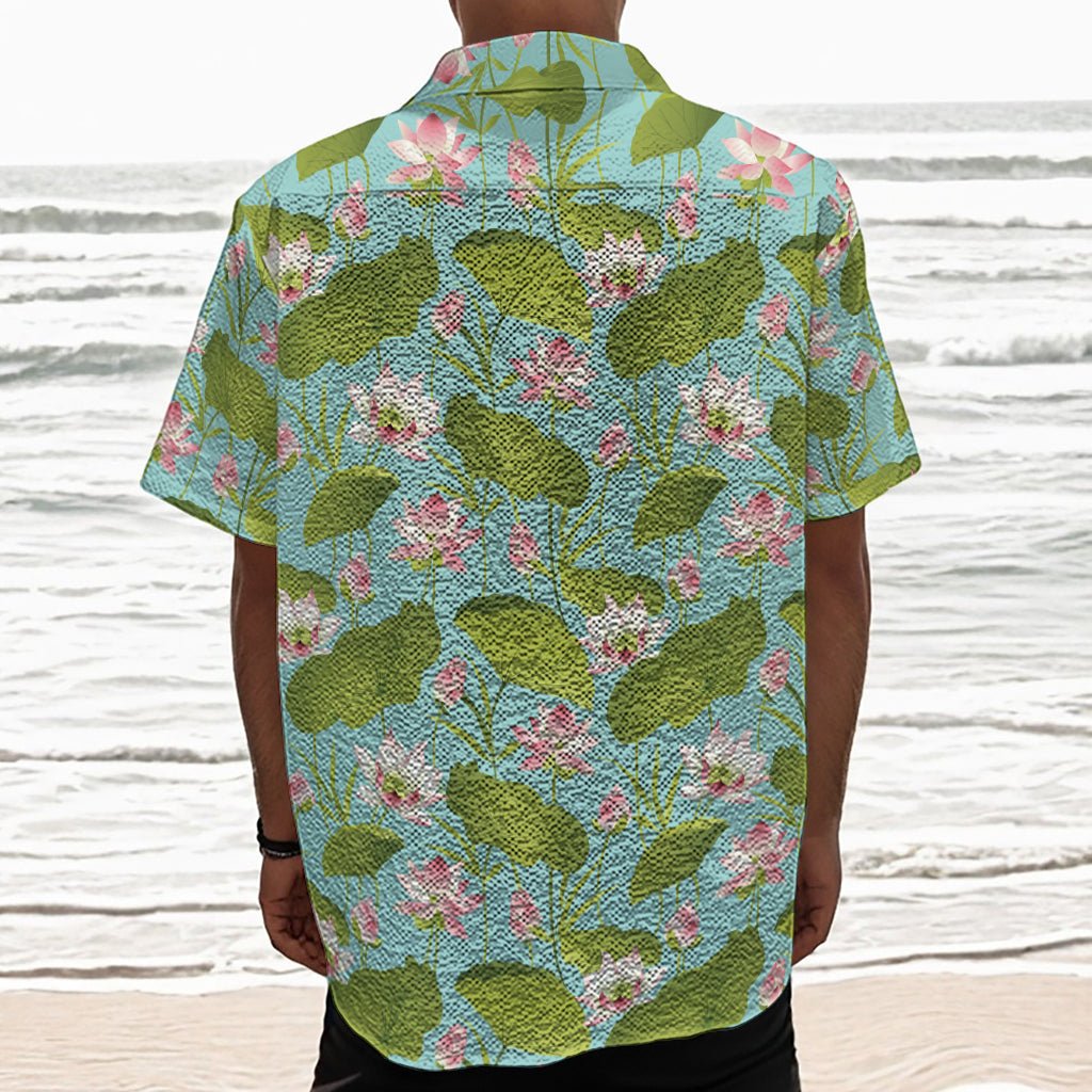 Pink Lotus Pattern Print Textured Short Sleeve Shirt