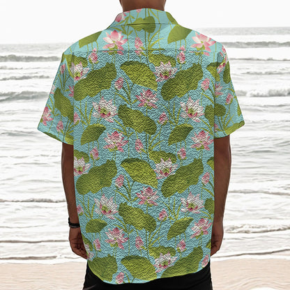 Pink Lotus Pattern Print Textured Short Sleeve Shirt