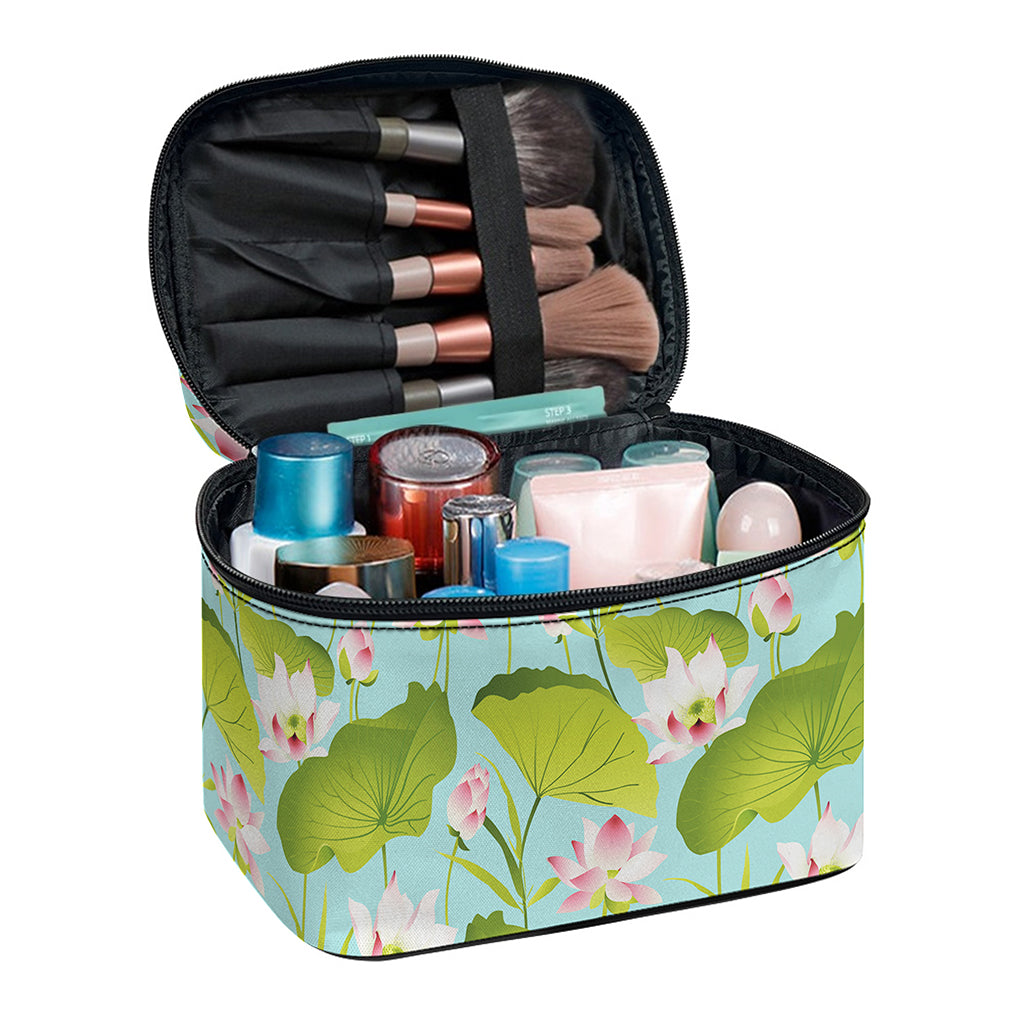 Pink Lotus Pattern Print Travel Makeup Bag