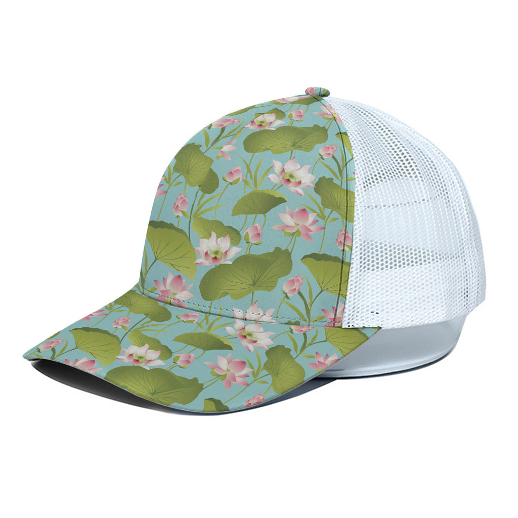 Pink Lotus Pattern Print White Mesh Trucker Cap
