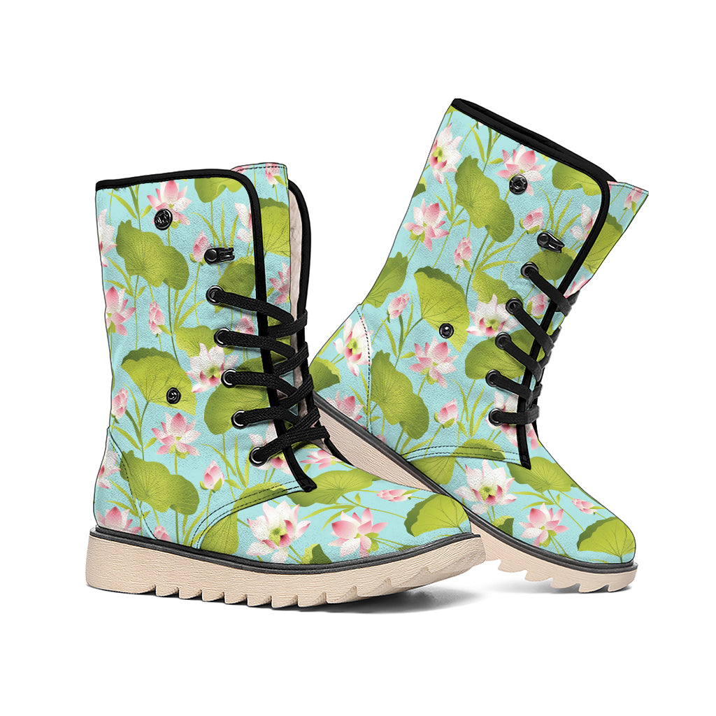 Pink Lotus Pattern Print Winter Boots