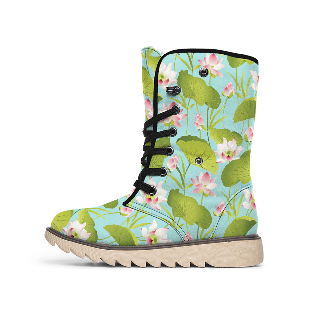 Pink Lotus Pattern Print Winter Boots