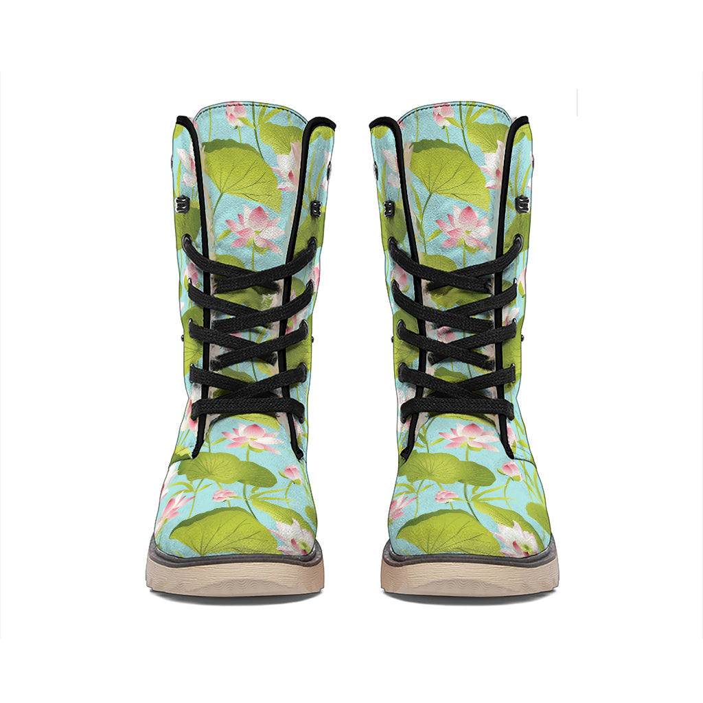 Pink Lotus Pattern Print Winter Boots