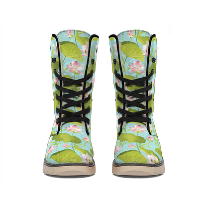 Pink Lotus Pattern Print Winter Boots