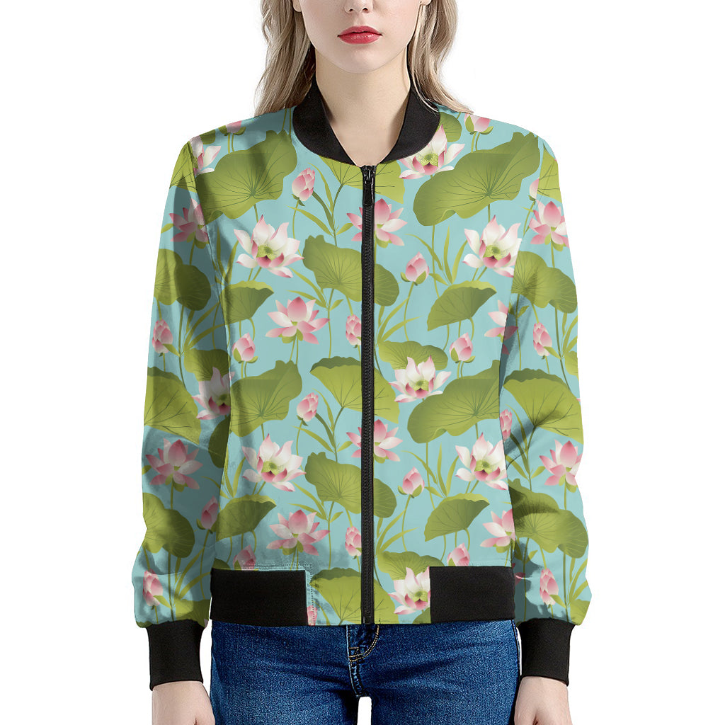 Pink Lotus Pattern Print Women's Bomber Jacket